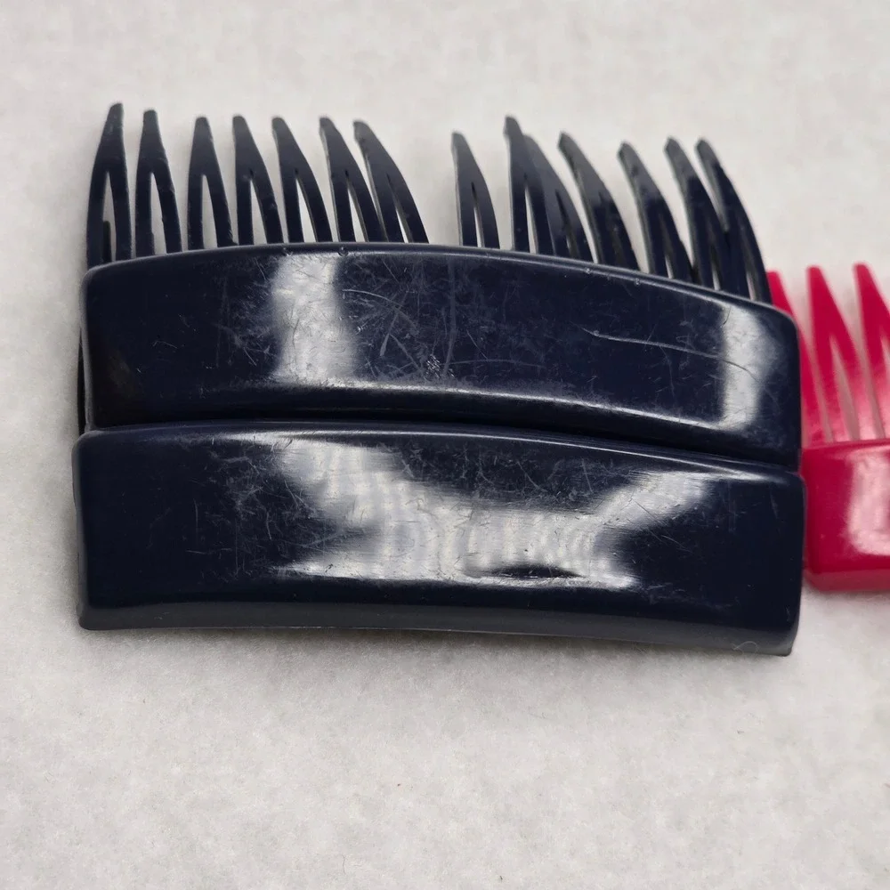 Vintage France Hair Side Tuck Combs Navy Blue Raspberry Plastic Accessory